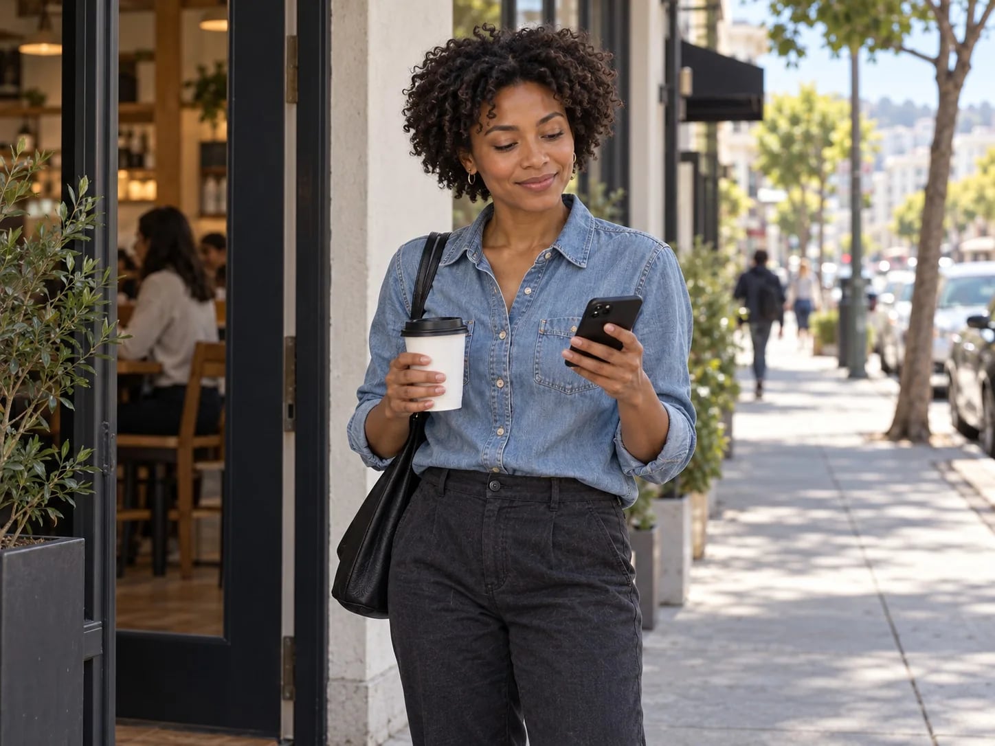 A customer on a sunny sidewalk entering details on a phone, a coffee in hand