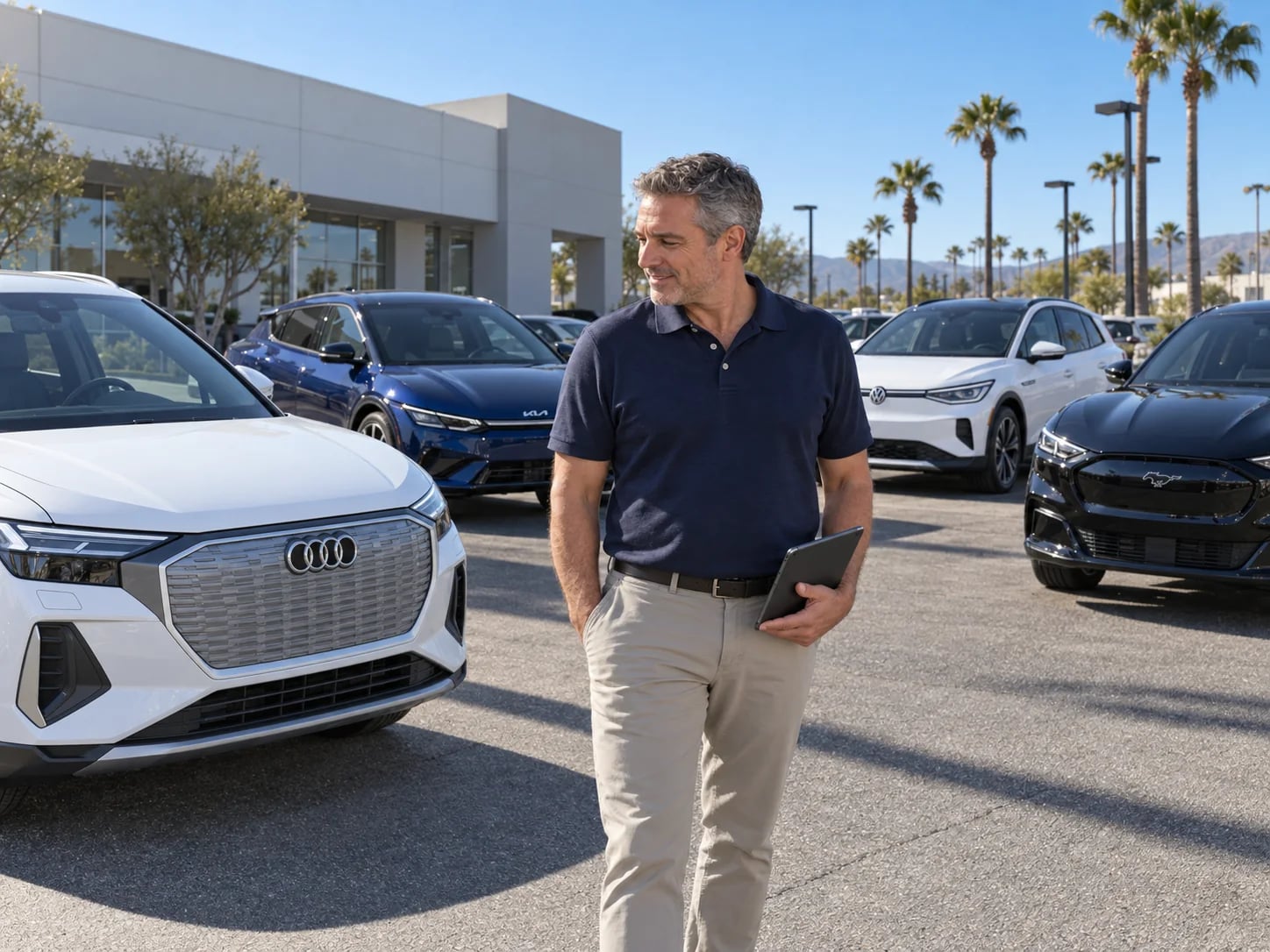 A dealer in a navy polo walks a sunny lot with a tablet, past a white EV and a row of electric SUVs under palm trees