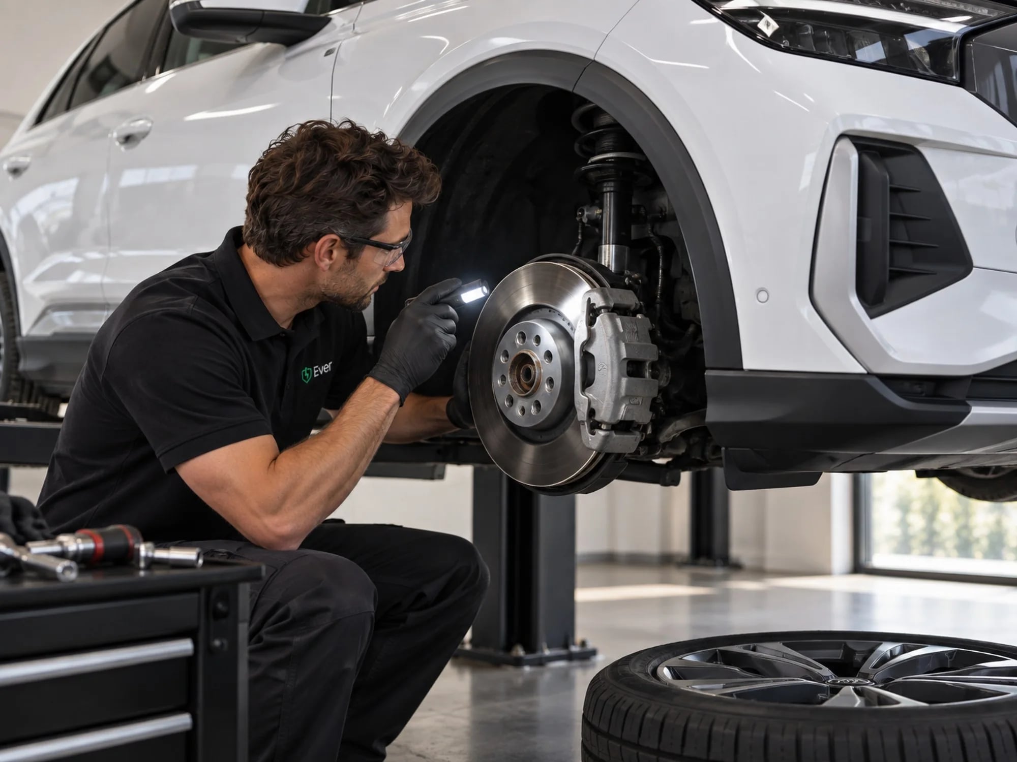 An Ever technician inspects the front brake of a white EV on a lift