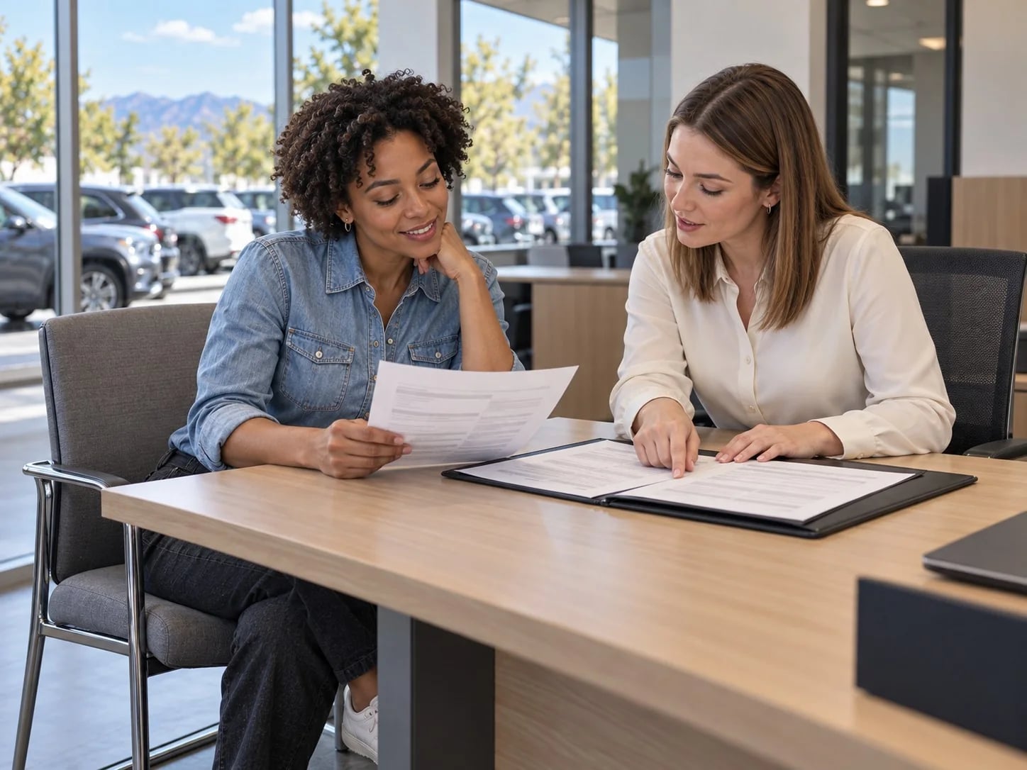 An Ever rep going over financing papers with a customer at a showroom desk
