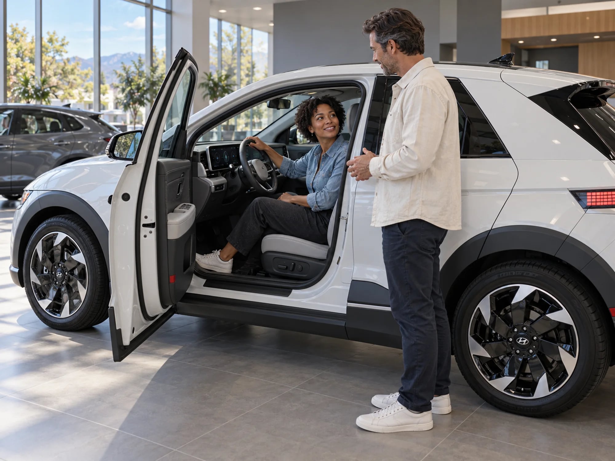 A customer in the driver seat of a white EV in a showroom, an Ever rep at the door