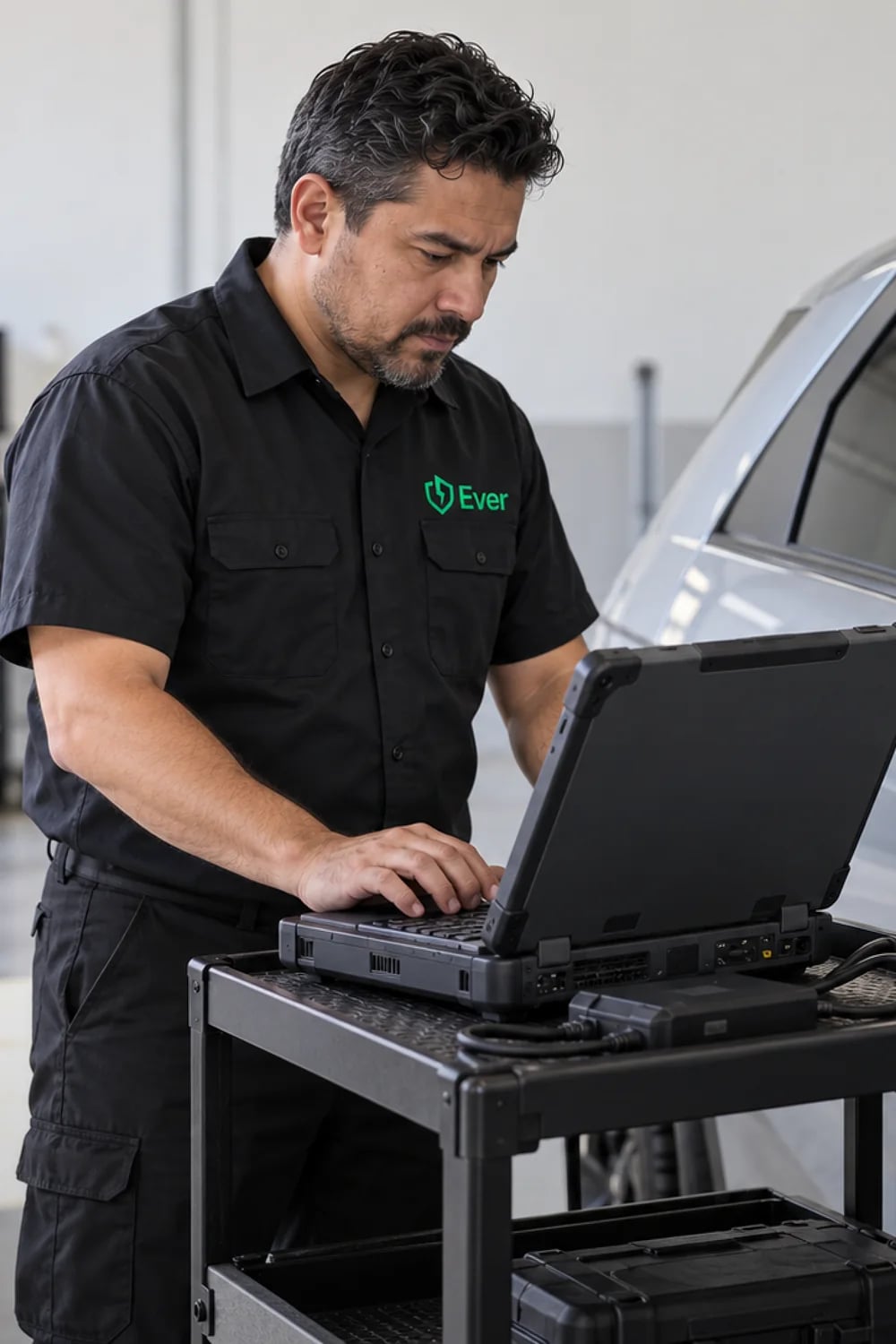 An Ever technician runs battery diagnostics on a laptop cabled to a grey EV