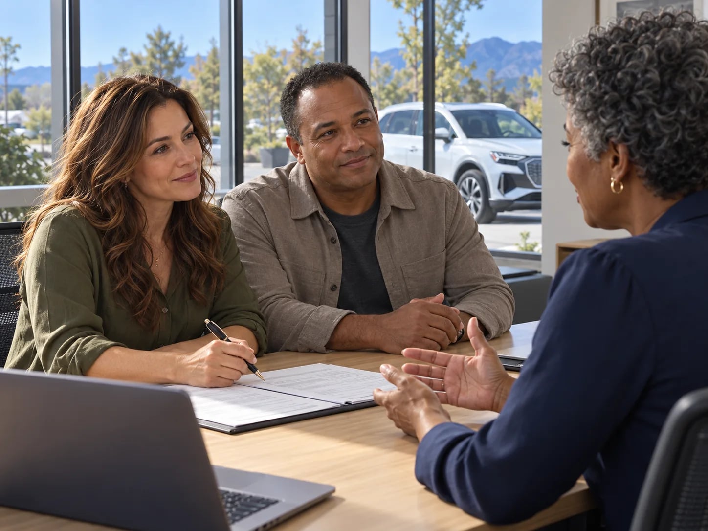 A couple signing financing papers at a desk with an Ever rep