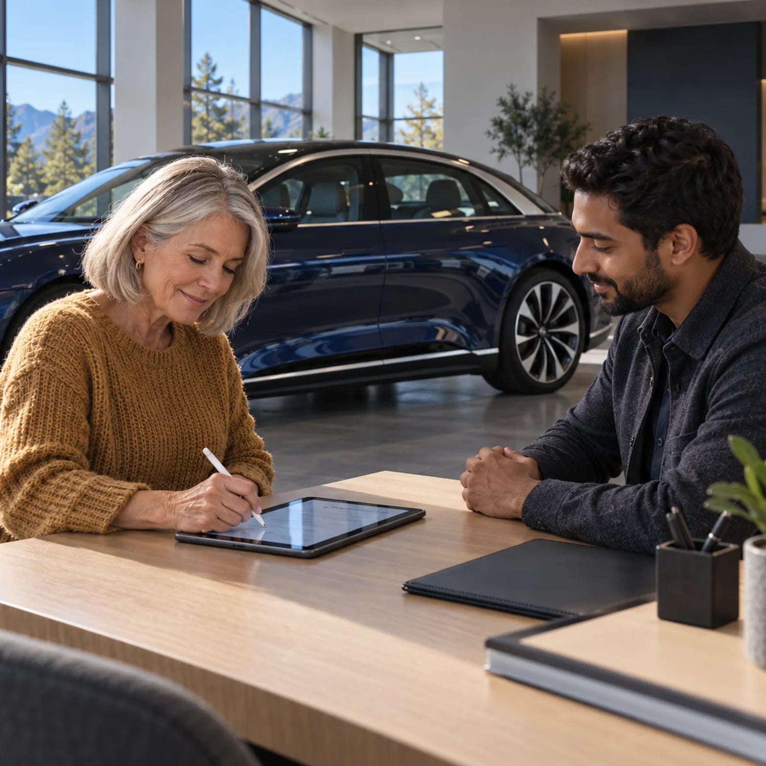 A customer signing on a tablet with an Ever rep at a showroom desk