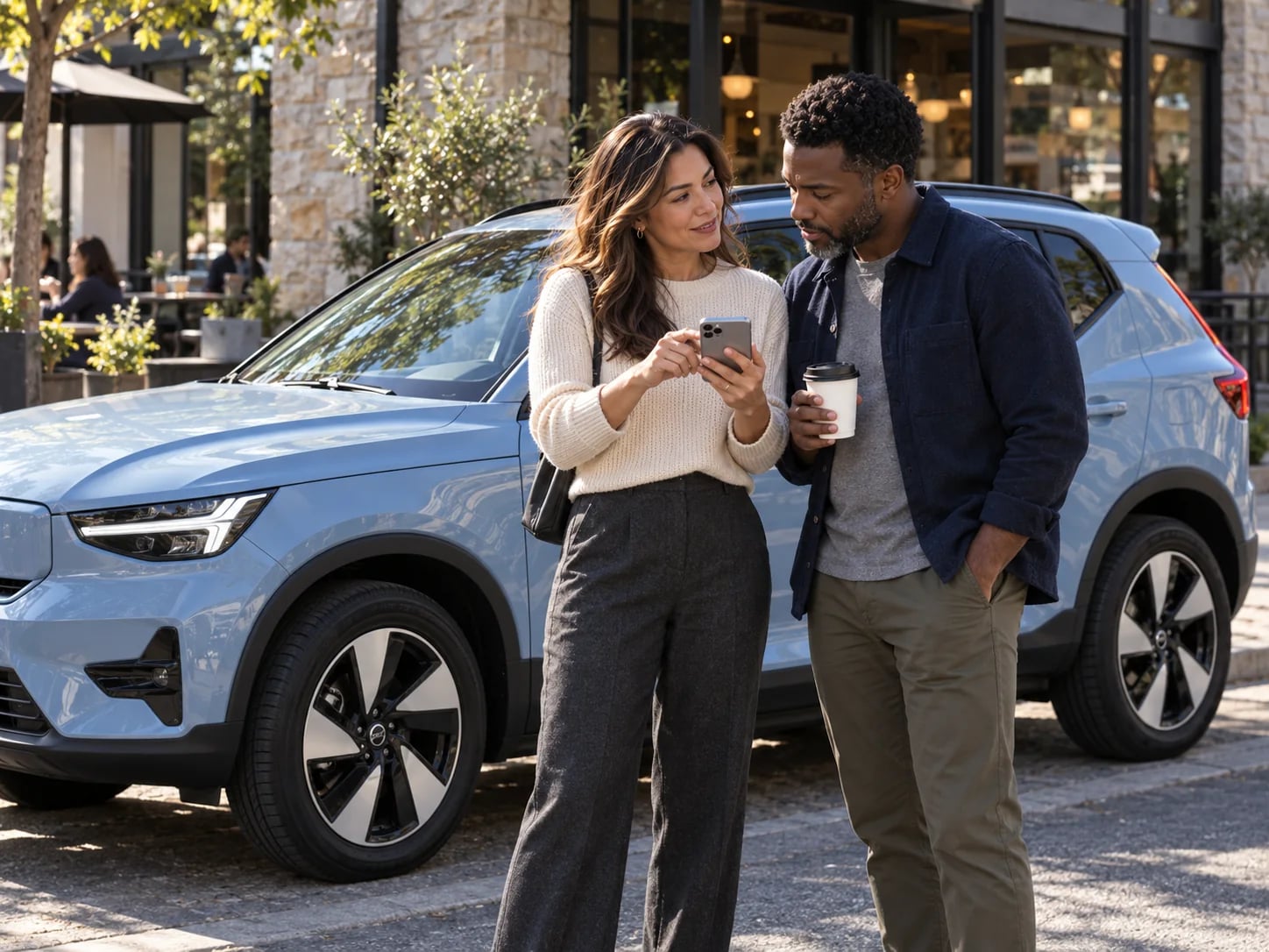 A couple outside a cafe reading an offer on a phone, their EV parked behind them