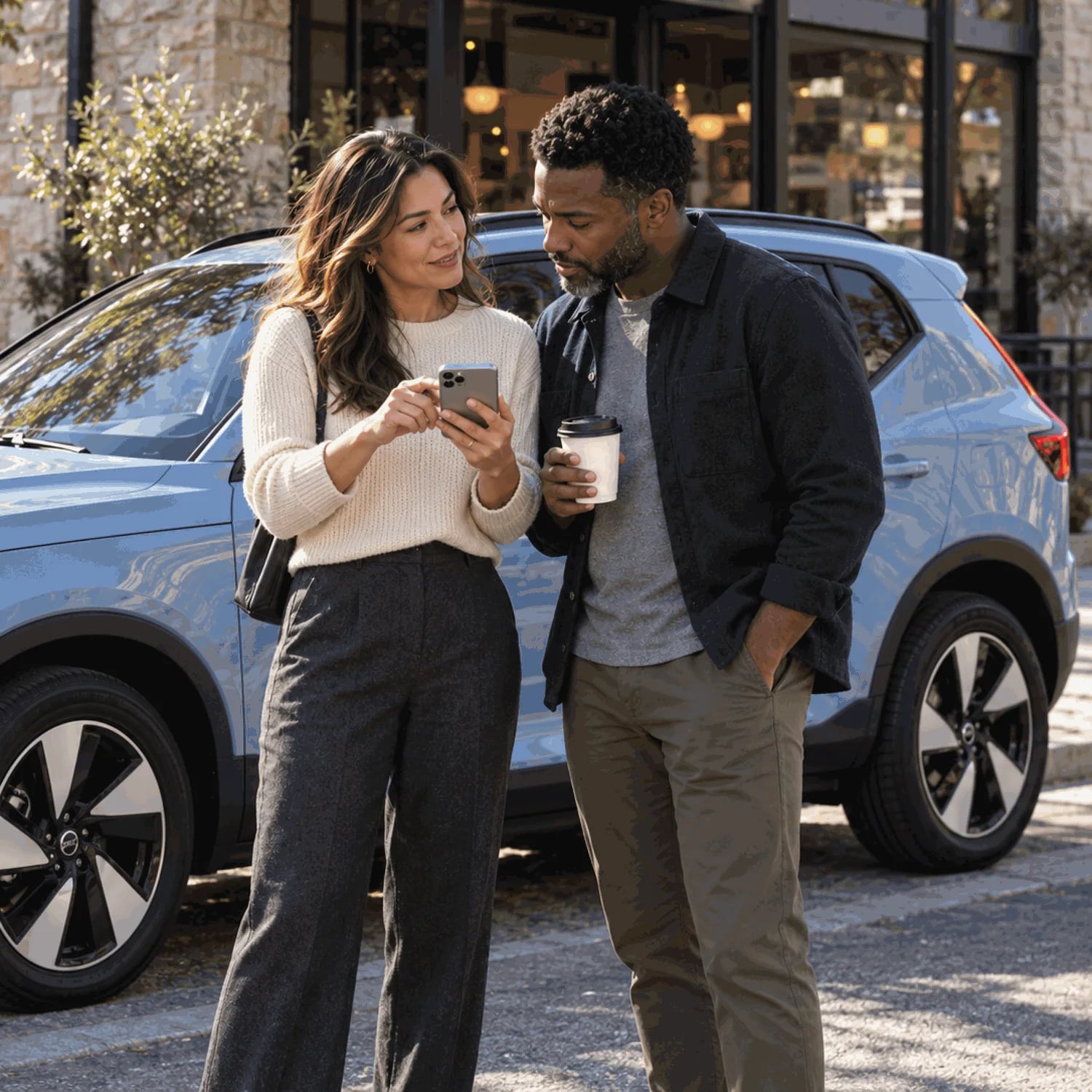 A couple comparing rates on a phone beside a light blue EV