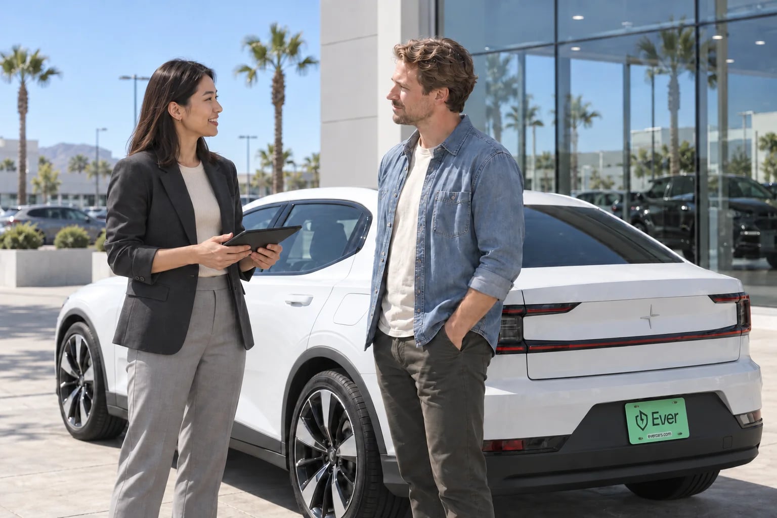 An Ever rep with a tablet talking with a customer beside a white EV with an Ever plate, outside a glass showroom