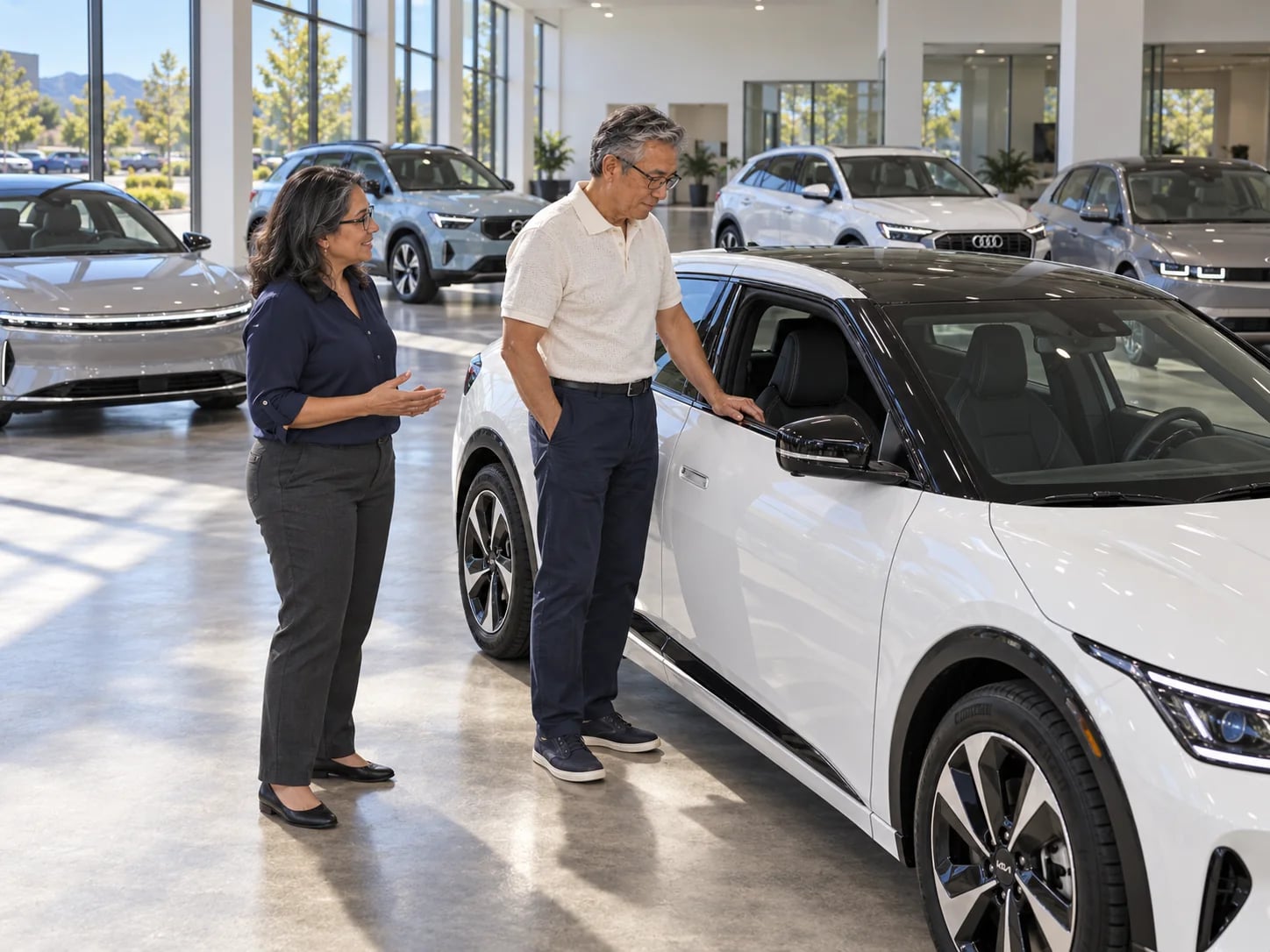 An Ever rep showing a customer a white EV in a sunny showroom