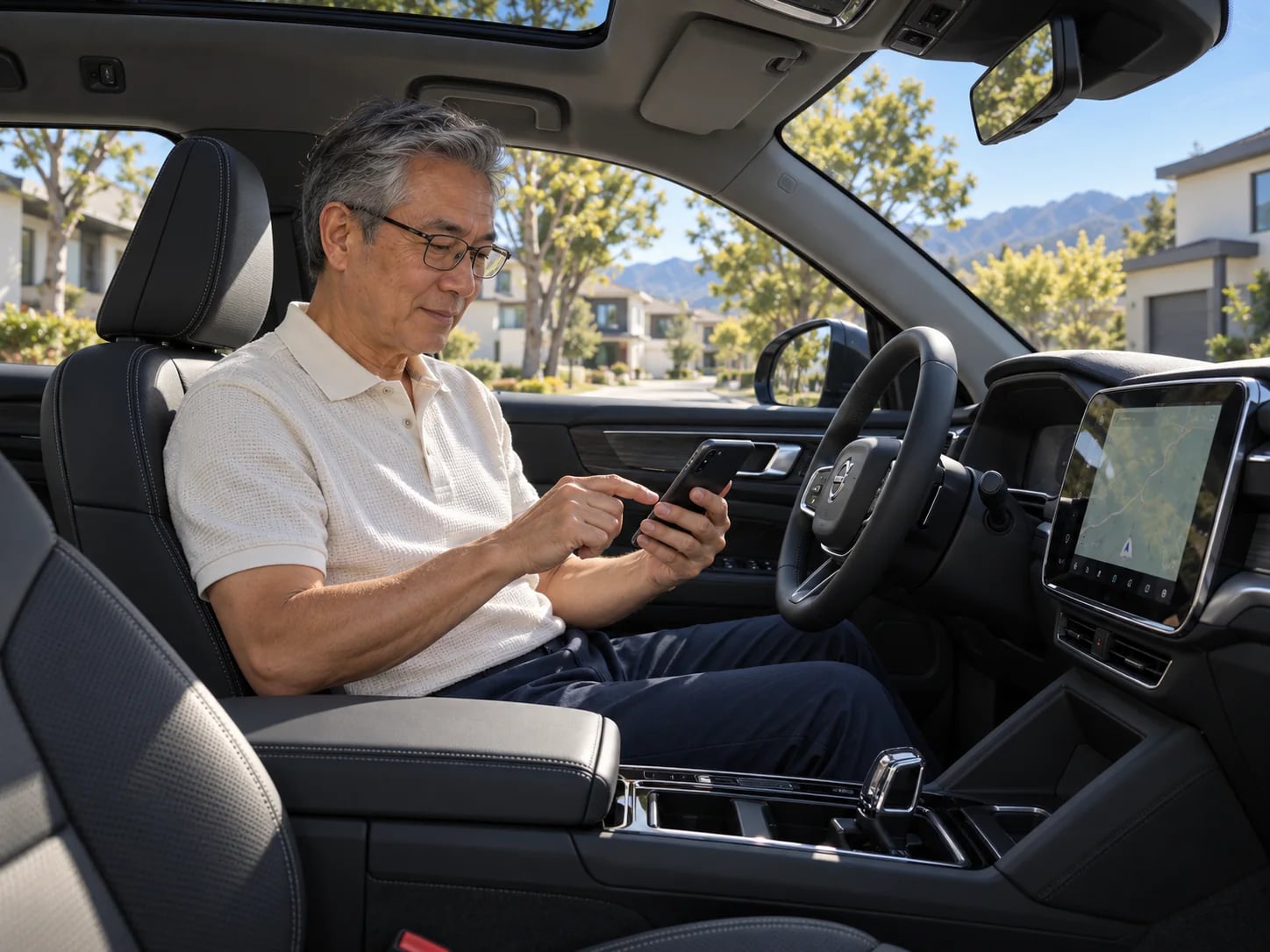 A car owner in the driver seat checking a phone, a sunny street outside