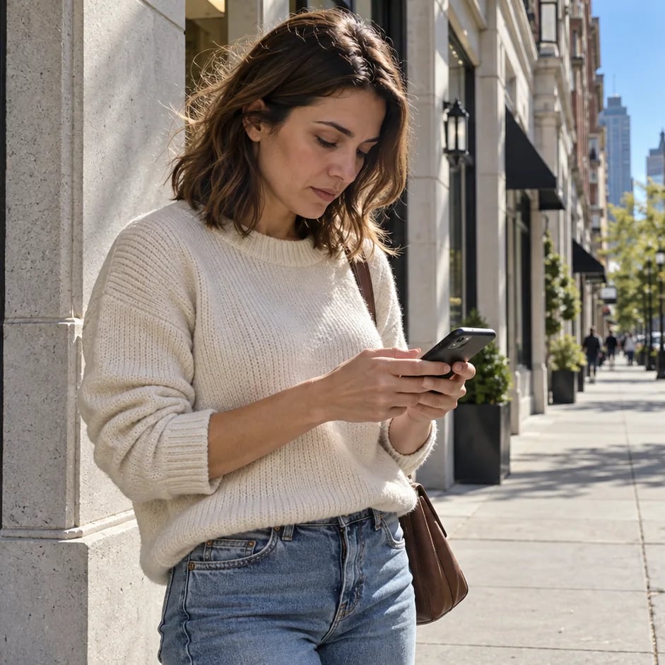 A woman on a city sidewalk applying on her phone