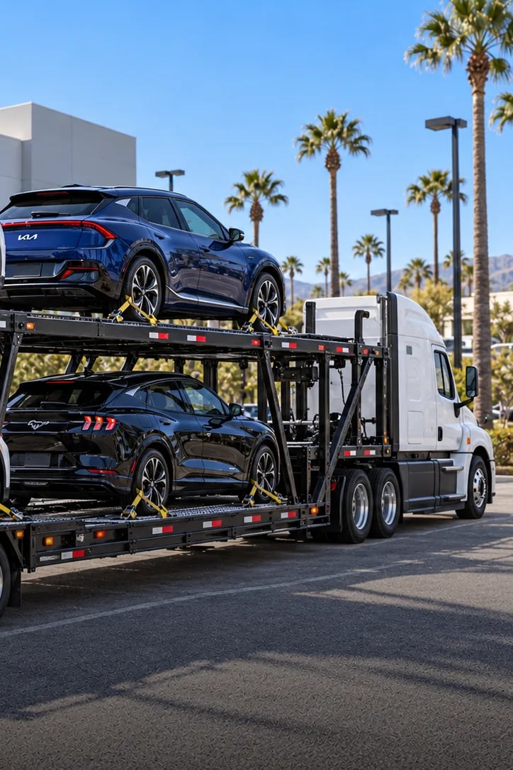 A white semi-truck hauls a car carrier loaded with a blue electric crossover and a black electric SUV